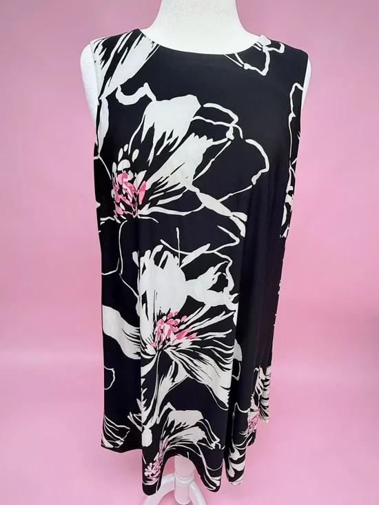 Anne Klein Sleeveless Black Floral Swing Dress with Pink Accents - Picture 4 of 8
